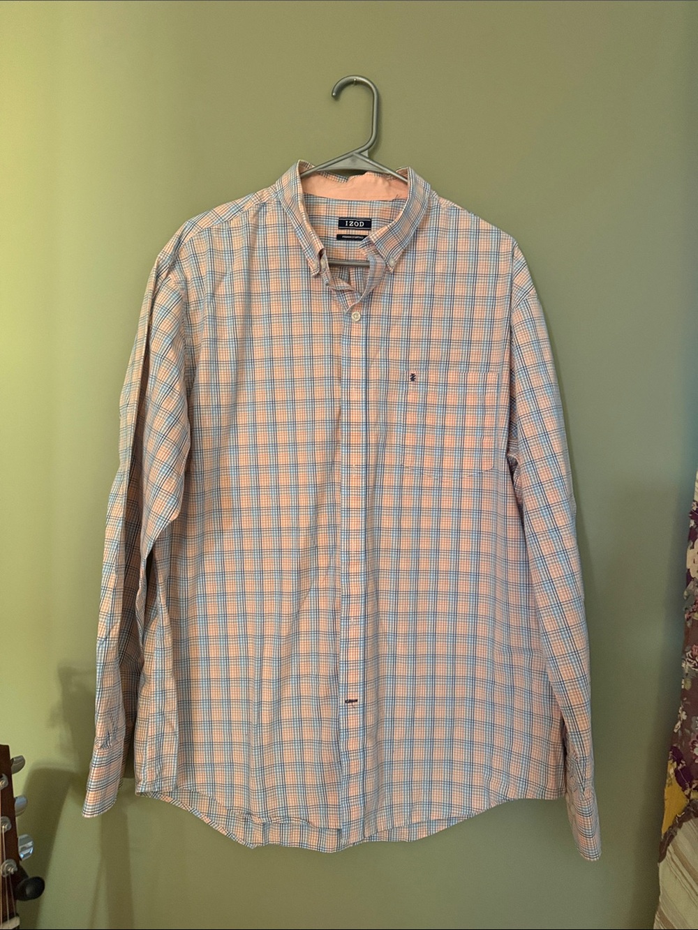 Izod Men’s Peach and Light Blue Plaid Button-Down Shirt